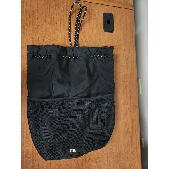 PINK Drawstring Black Bucket Backpack with Mesh String and 2 exterior pockets. E - Picture 1 of 6